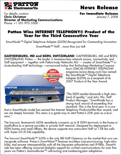 News Release: Patton Wins INTERNET TELEPHONY Product of the Year for Third Consecutive Year