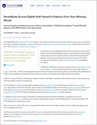 SmartNode Scores Eighth VoIP Award in Patton’s Five Year Winning Streak